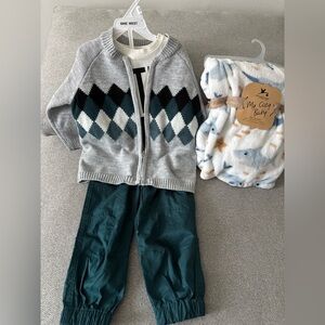 Gray Argyle Cardigan with Teal Pants Set and blanket bundle